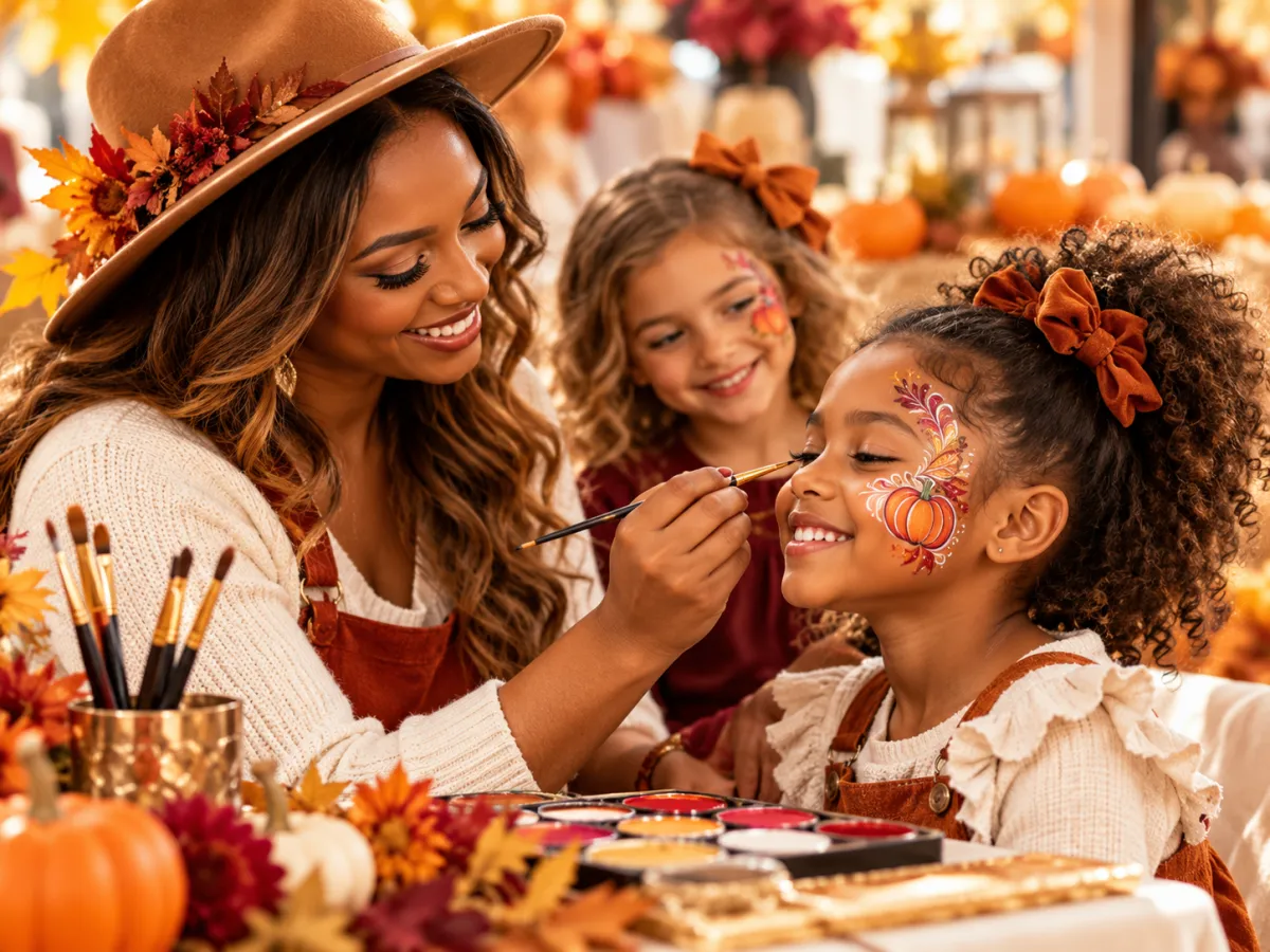 Fall themed face painting artistry station in natural sunlight