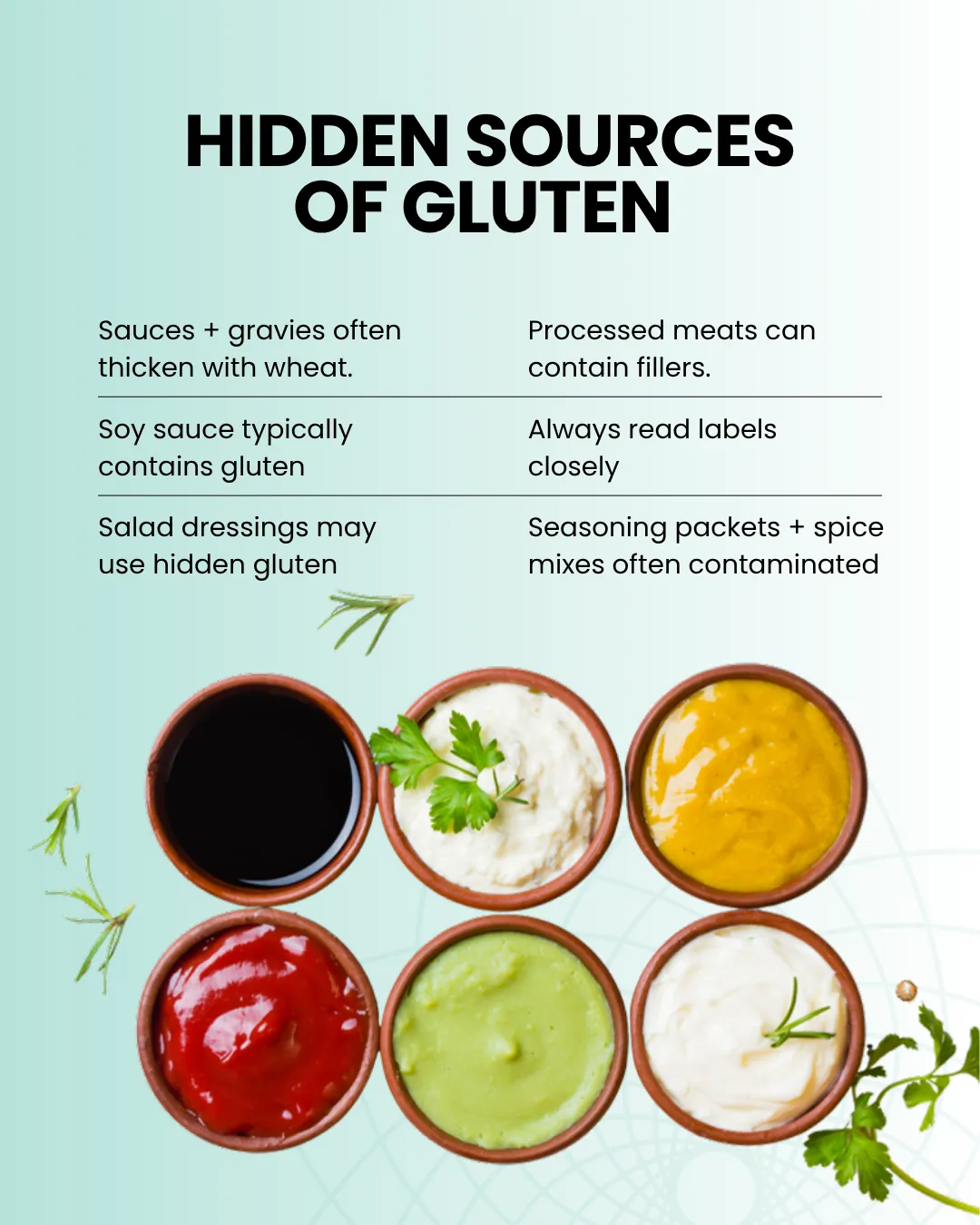 Various sauces in bowls that may contain hidden gluten.
