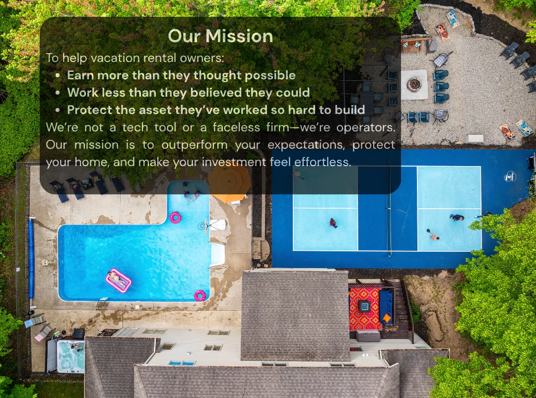 alt="Aerial view of a luxury short-term rental with a private pool, pickleball court, hot tub, and custom fire pit—showcasing premium amenities and high-end design in a forested setting."
