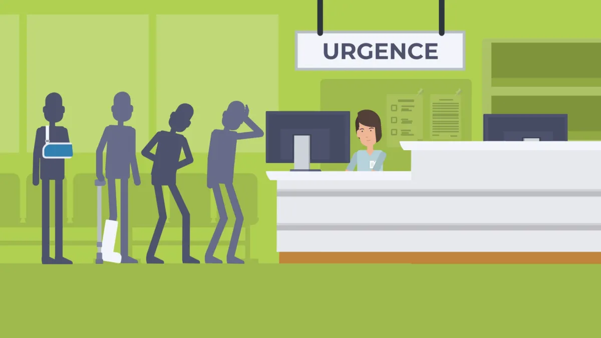 Extrait d'un motion design Vyond montrant une file d'attente dans un service d'urgence hospitalier