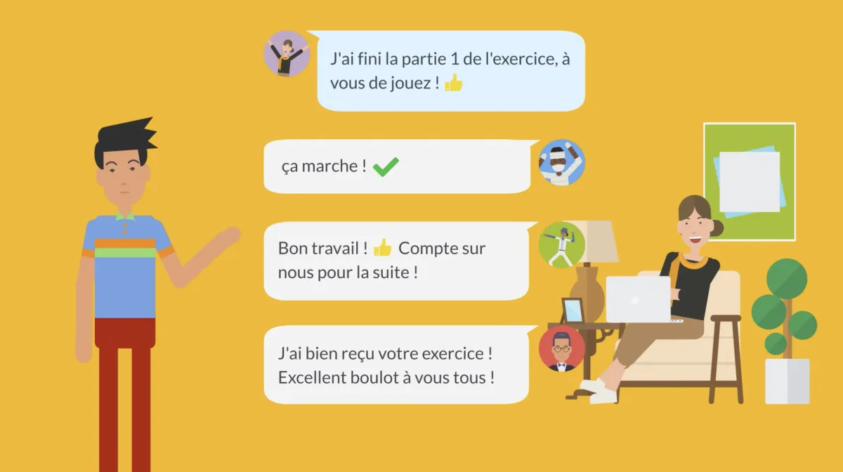 Extrait d'un motion design Vyond présentant une discussion en ligne