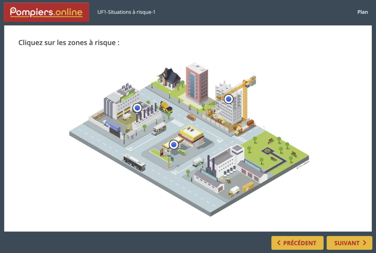 Activité visuelle de clic sur image d'une ville en isométrie