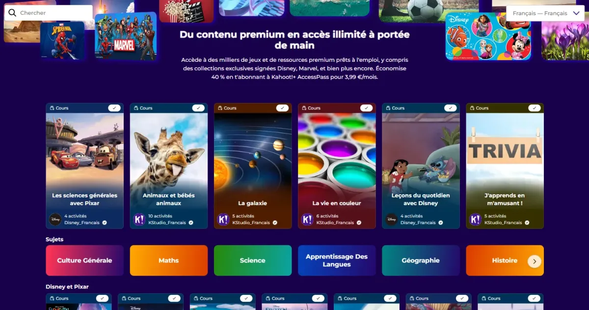Image de la marketplace de Kahoot! EDU et des cours classés par thématique.