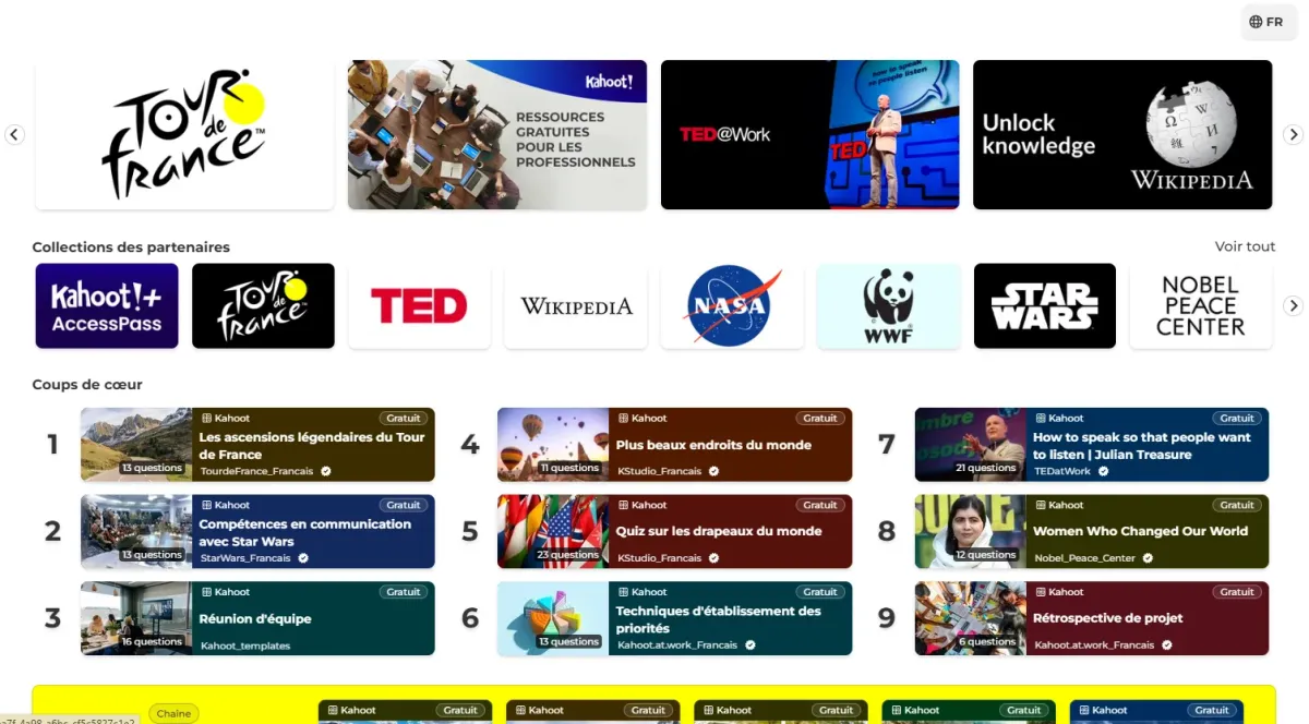 image d'un écran de la bibliothèque de Kahoot! et ses nombreux contenus.