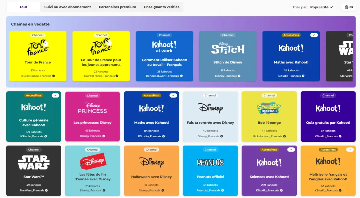 image d'un écran d'ordinateur avec l'interface de Kahoot! et l'ensemble des cours gratuits disponibles.
