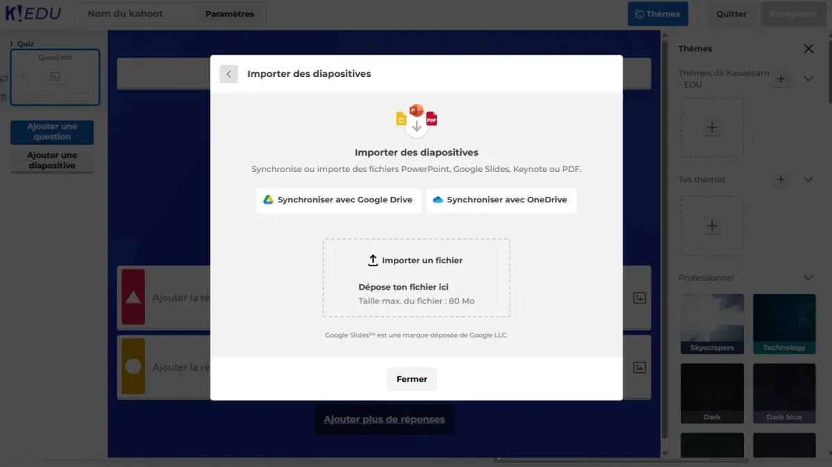 image d'un écran d'ordinateur avec l'interface de Kahoot! et l'éditeur pour importer des présentations.