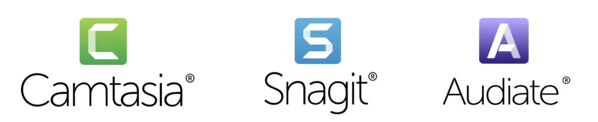 Les logos des logiciels TechSmith : Camtasia, Snagit, Audiate