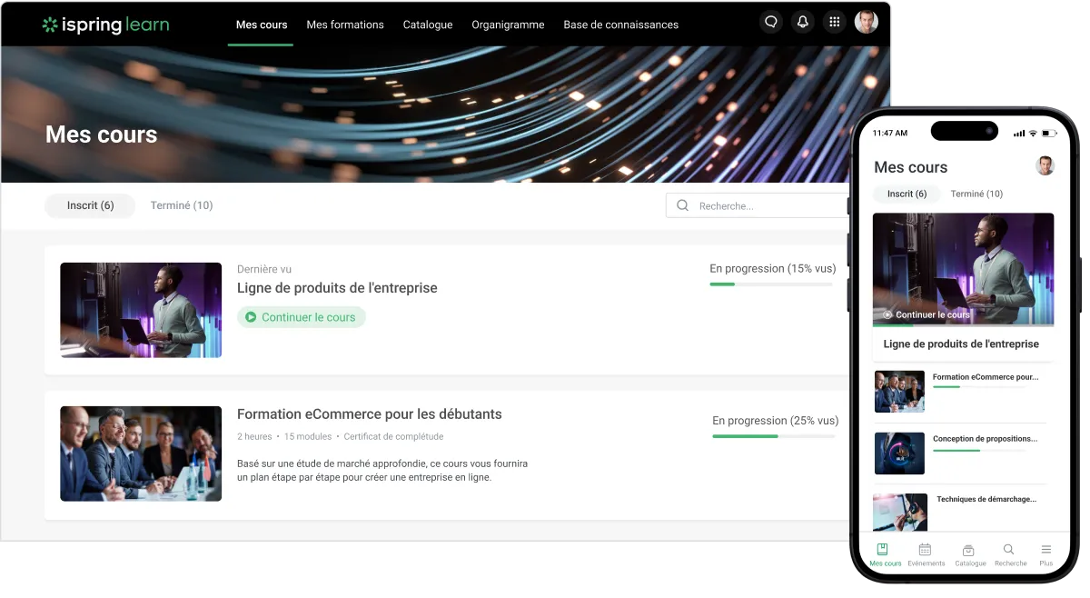 Image montrant les deux interfaces d'iSpring Learn sur ordinateur et sur téléphone