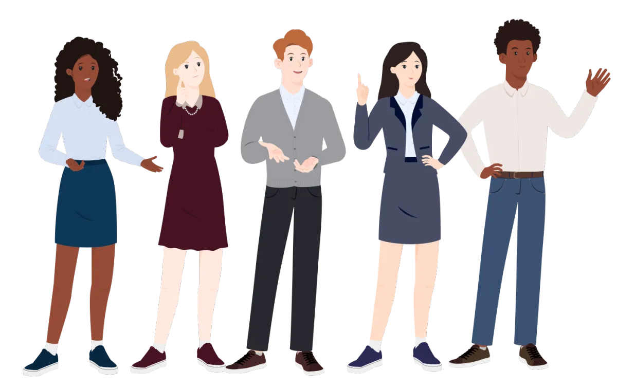 5 illustrations de personnages issus de la banque de ressources proposé par iSpring Suite