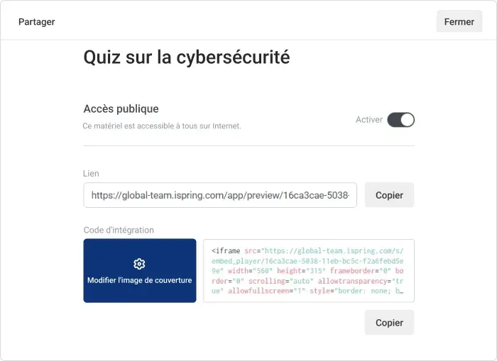 Capture d'écran de la fenêtre de partage d'iSpring Cloud