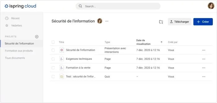 Capture d'éran de l'interface du logiciel iSpring Cloud