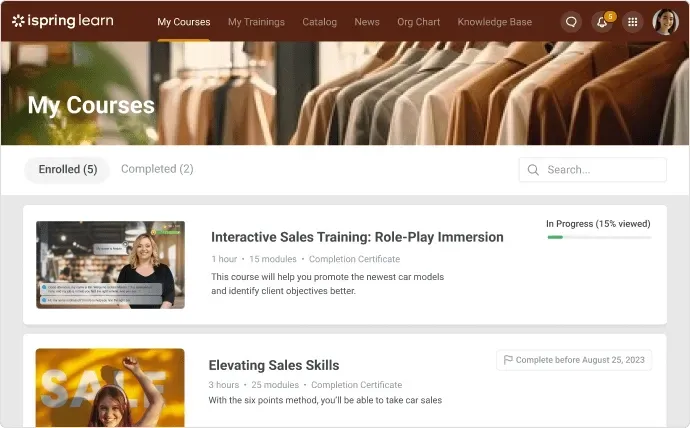 Capture d'écran d'un tableau de bord des cours d'un apprenant sur iSpring Learn