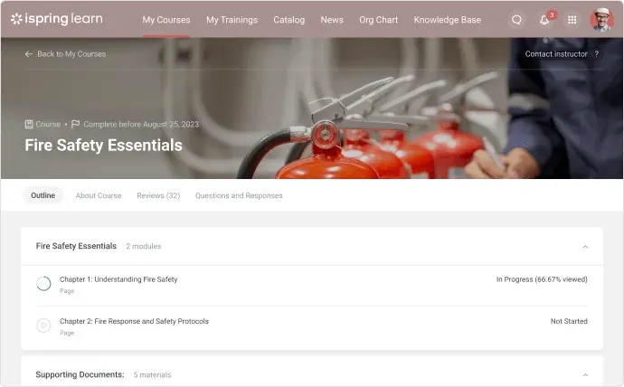 Capture d'écran d'un cours à propos de la sécurité incendie sur iSpring Learn