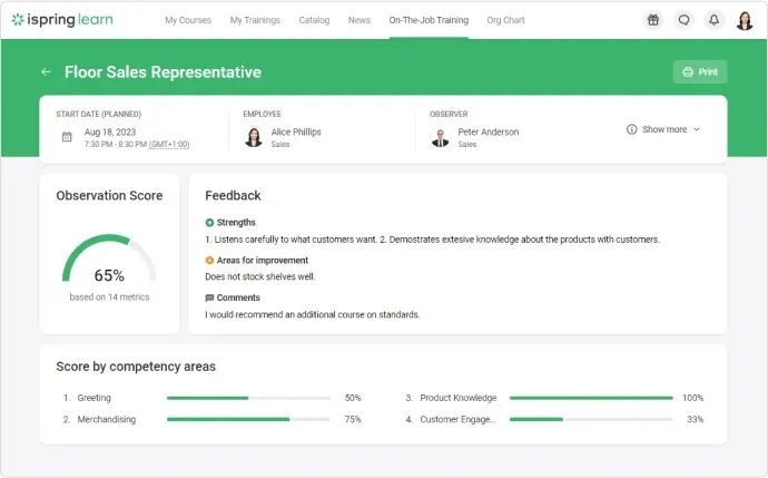 Capture d'écran d'un écran de feedback d'un module péagogique sur iSpring Learn