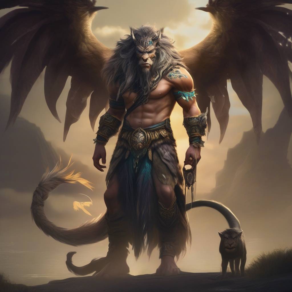 „Szárnyas, oroszlántestű kiméra férfi, farkával és kis kísérő állattal, hegyes tájon – Kalderas, Valkha fogadott gyermeke.”