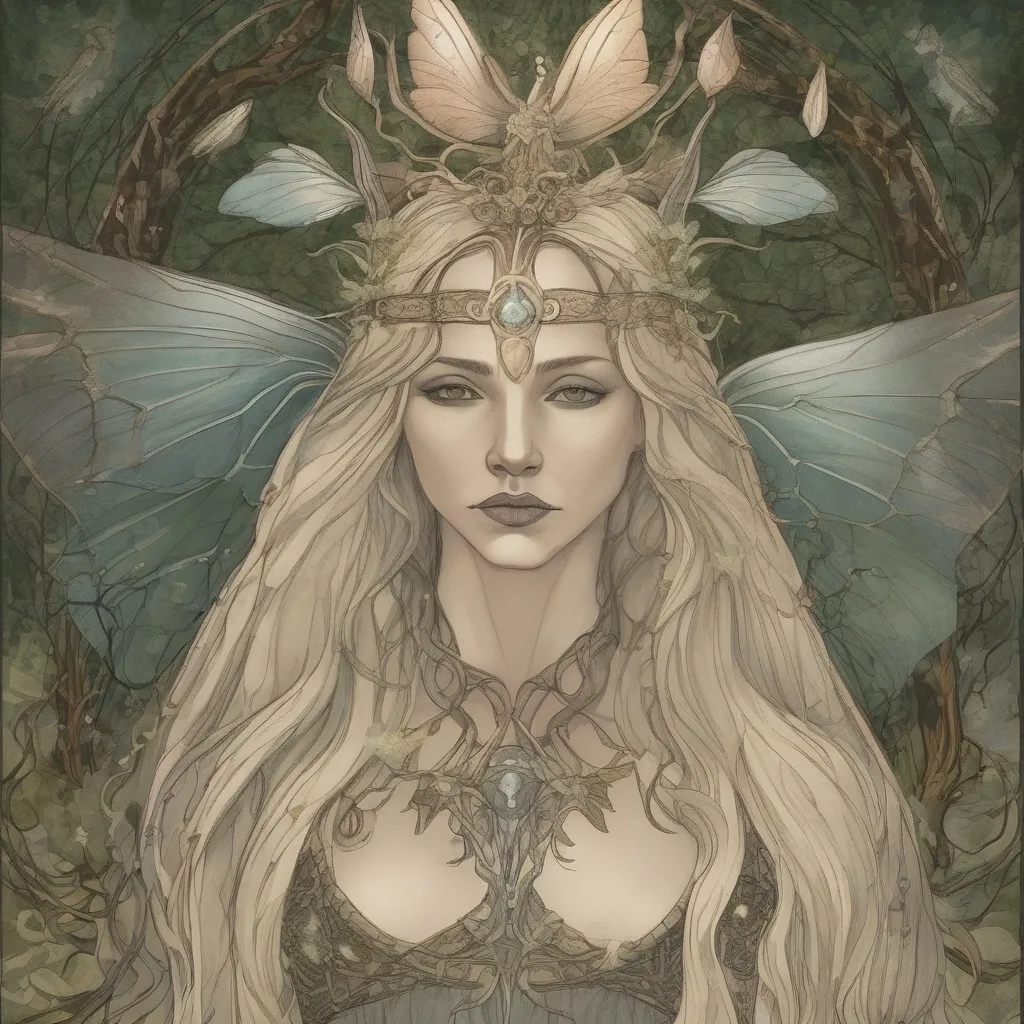 „Midnight Shimmerlake, a tündérek és a Köd­erdő úrnője, arany hajjal és éteri szárnyakkal, díszes fejdísszel áll az erdei fények között.” és Quiphion gyermeke