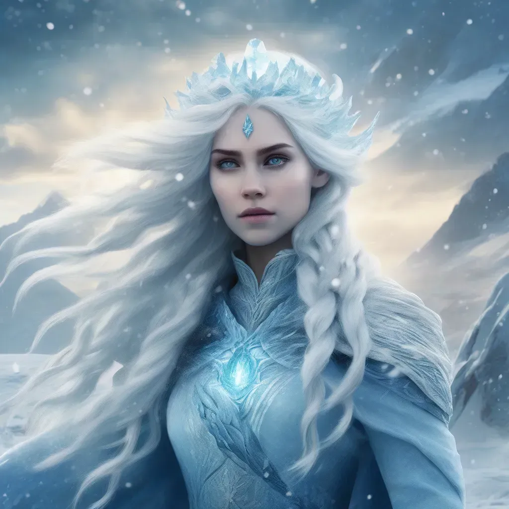 „Tél istennője jeges tájon, fehér hajú nő kék ruhában, fagyos koronával és jégkristályokkal díszítve; a hideg, tisztaság és nyugalom megtestesítője.”