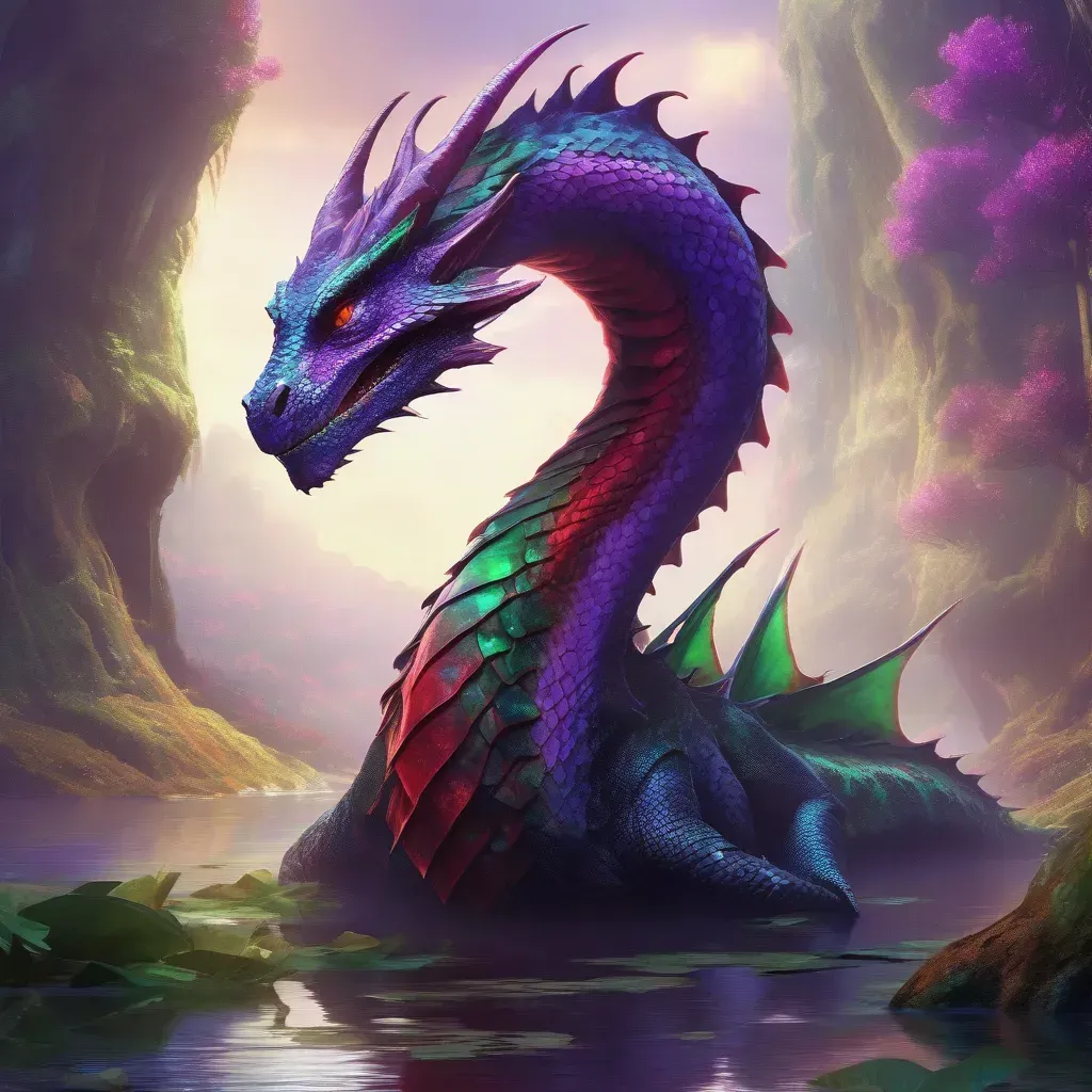 „Zerya ősi mocsári sárkány alakja, Hatalmas, színjátszó pikkelyű mocsári sárkány lila és zöld árnyalatokkal, mágikus erdő tópartján emelkedve ki a vízből.”