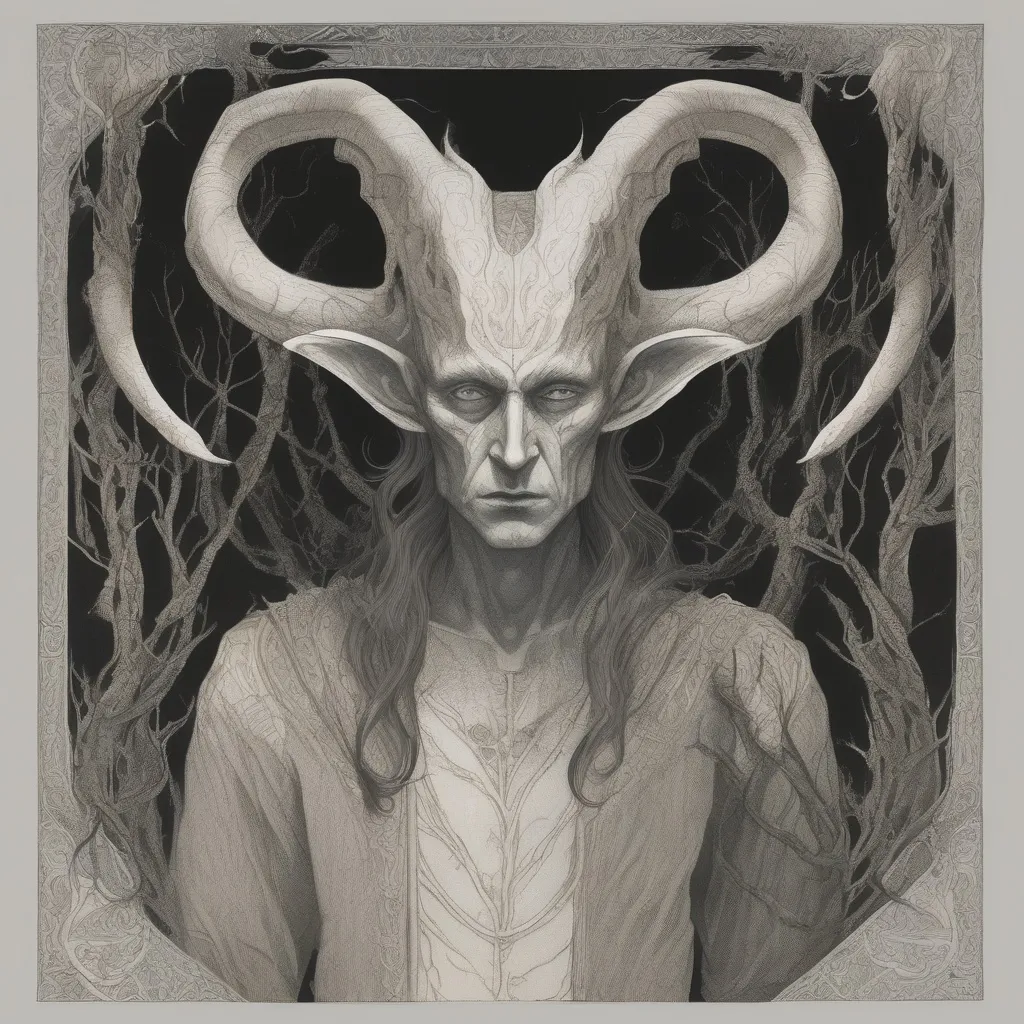 „Zhedor Thadies lelkének darabja , az árnyak hercege, szarvakkal és fakó bőrrel ábrázolva, komor háttérrel és sötét erdei motívumokkal.”