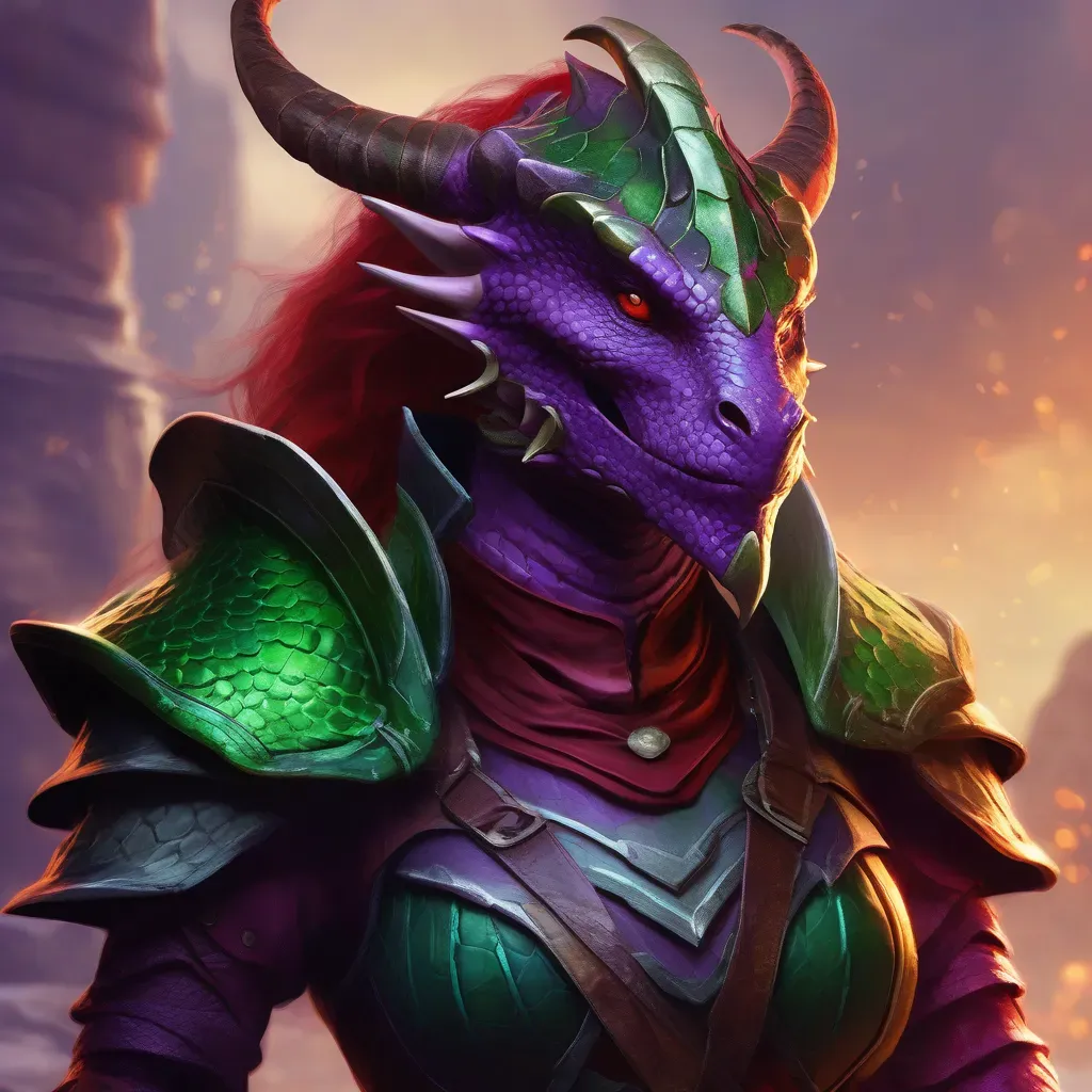 Zerya sárkányember alakja, Lila és zöld pikkelyű női sárkányember harcos, páncélt és vállvédőt viselve, tüzes háttér előtt állva