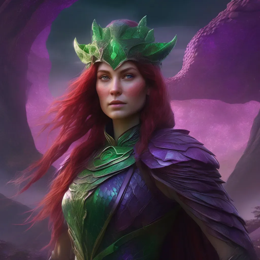 „Zerya emberi formája, Vörös hajú, zöld pikkelypáncélt viselő női harcos tündeszerű vonásokkal, misztikus lila háttérrel és sárkányszerű energiával.”