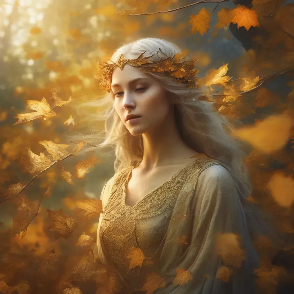 „Ősz istennője aranyló levelek között, nyugodt arcú nő földszínű ruhában, lehulló falevelek közt állva; a változás és elmúlás természetét jelképezi.”