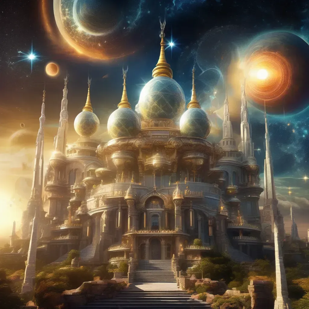 „Arany és kék kupolákkal ragyogó, kozmikus égi palota Ykarus világában, lebegő bolygókkal és csillagokkal körülvéve, az istenek otthona.”