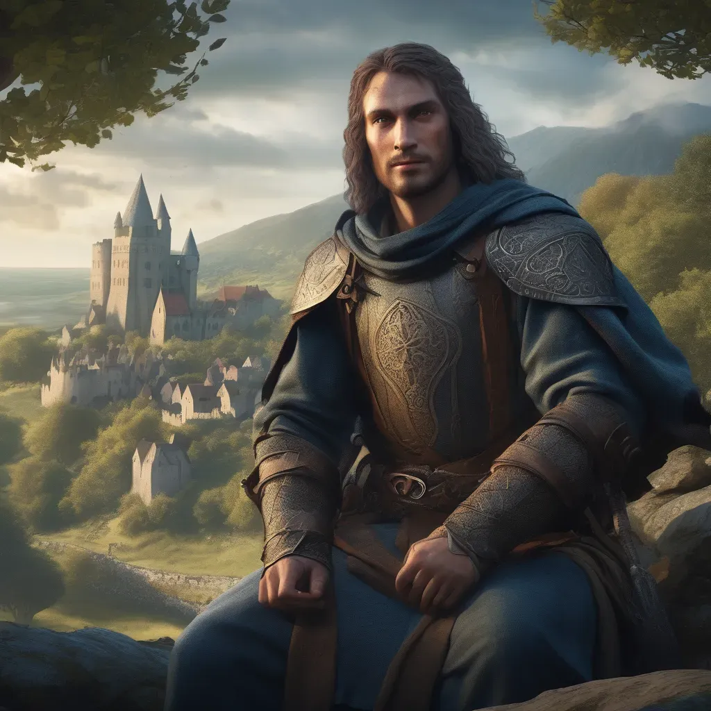 „Ykarus ember faj – harcos portré hegyi tájjal, fantasy világépítés illusztráció”