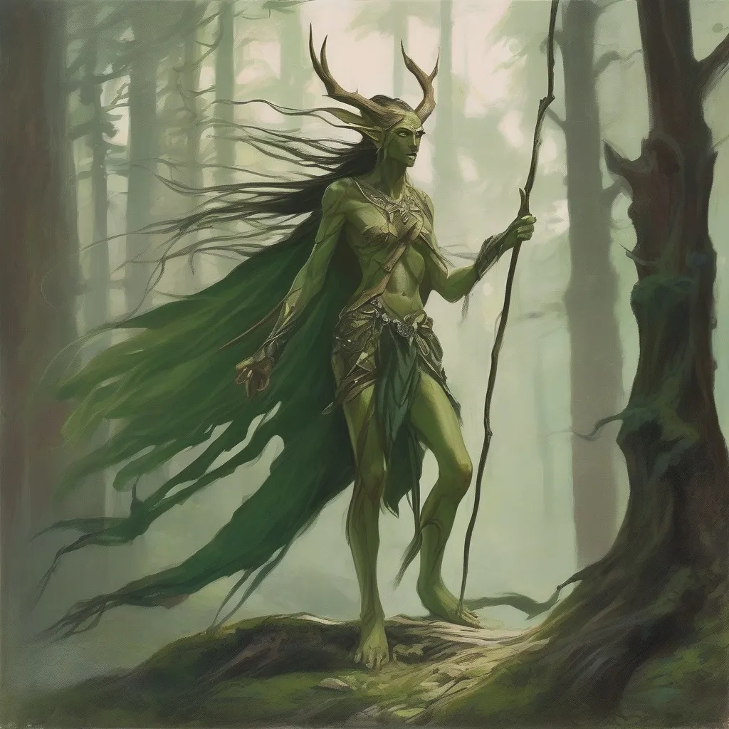 „Erdei tünde faj Ykarus világában – természetből született mágikus lény, erdővédő harcos portréja”