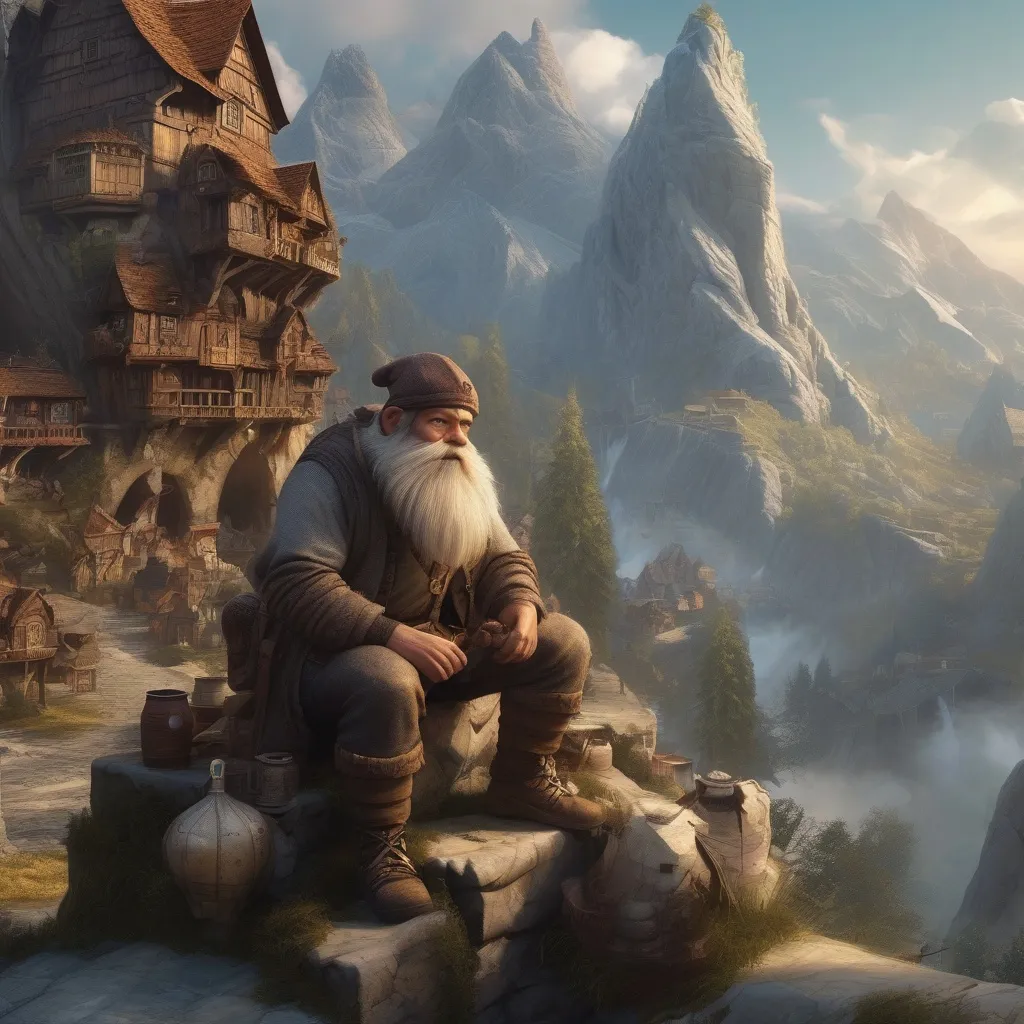 „Törp faj Ykarus világában – hegyvidéki város, bányász kultúra és fantasy törp illusztráció”