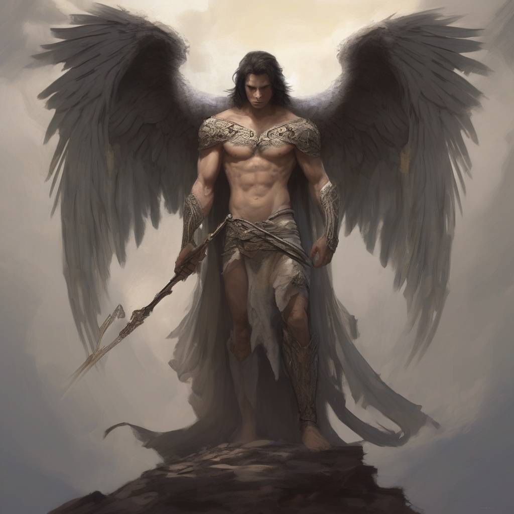 „Férfi Nephalem harcos Ykarus világában, sötét angyalszárnyakkal, izmos testtel és ősi fegyverrel pózolva.”