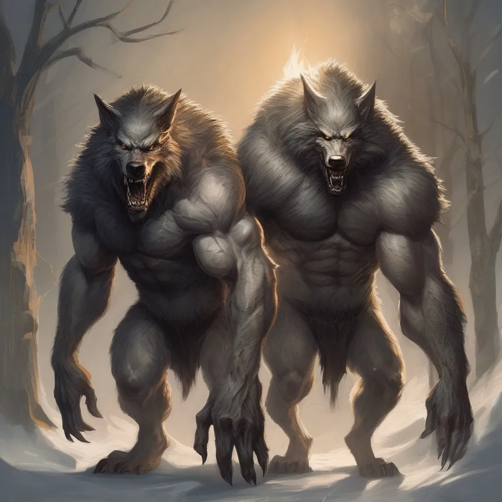 „Farkas-ember alakváltók Ykarus világában, két hatalmas, izmos, vérfarkas-szerű bestia a téli erdőben, Nyugalom Öble törzsi vadonában.”