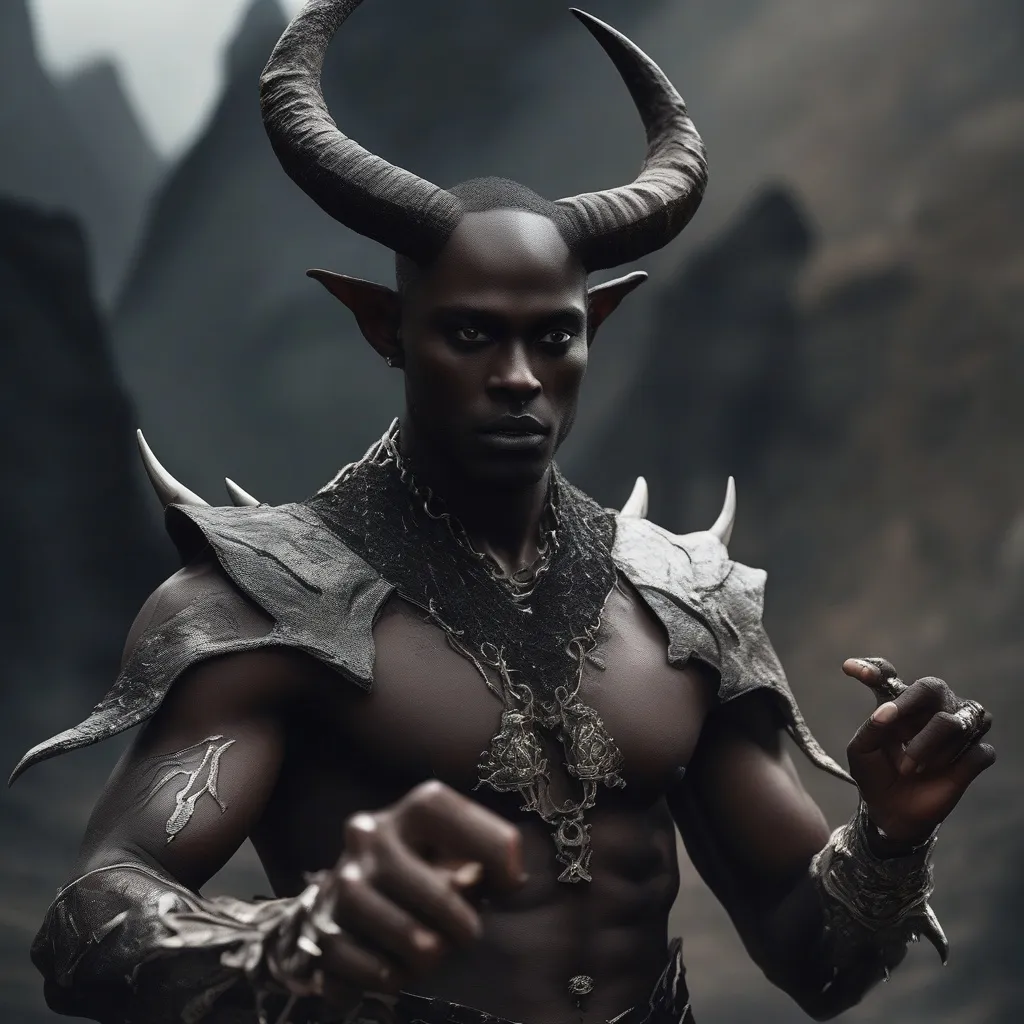 „Alsórendű démon Ykarus világából, fekete páncéllal és ívelt szarvakkal, hegyi háttérrel.”