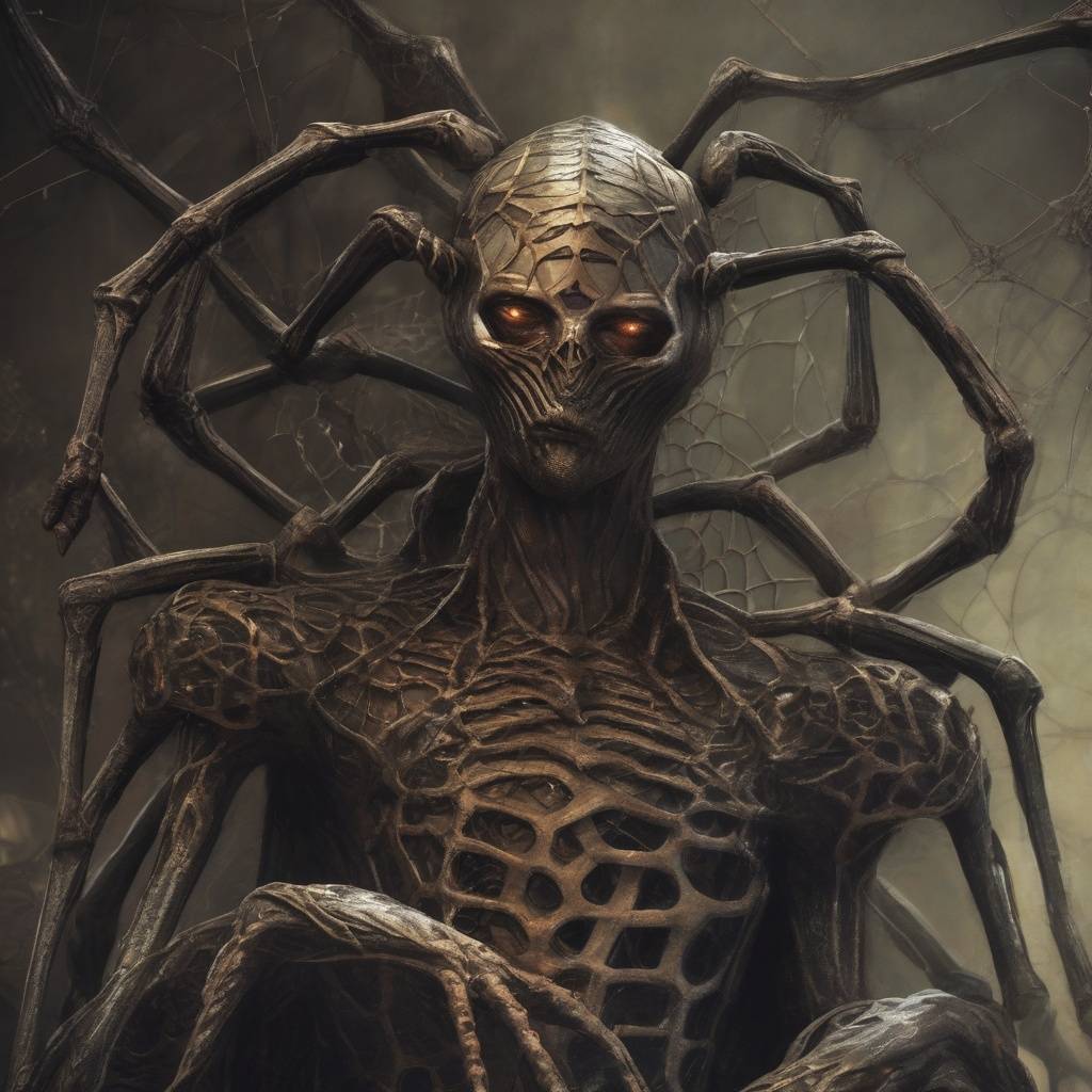 „Araknid faj Narlindor világában – pókszerű humanoid lény csontos testtel, izzó szemekkel és szövedékkel borított környezetben, a Bestiák Völgyének sötét élőlénye”