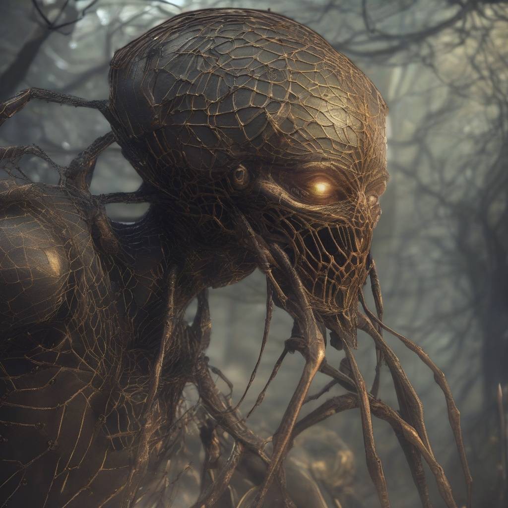 „Araknid faj Narlindor világában – pókszerű humanoid lény csontos testtel, izzó szemekkel és szövedékkel borított környezetben, a Bestiák Völgyének sötét élőlénye”