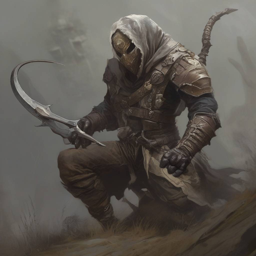 „Skorpió-ember nomád harcos Shagras Dűnéjéből – páncélozott humanoid lény skorpiófarokkal és görbe pengével, a sivatag halálos lakója”