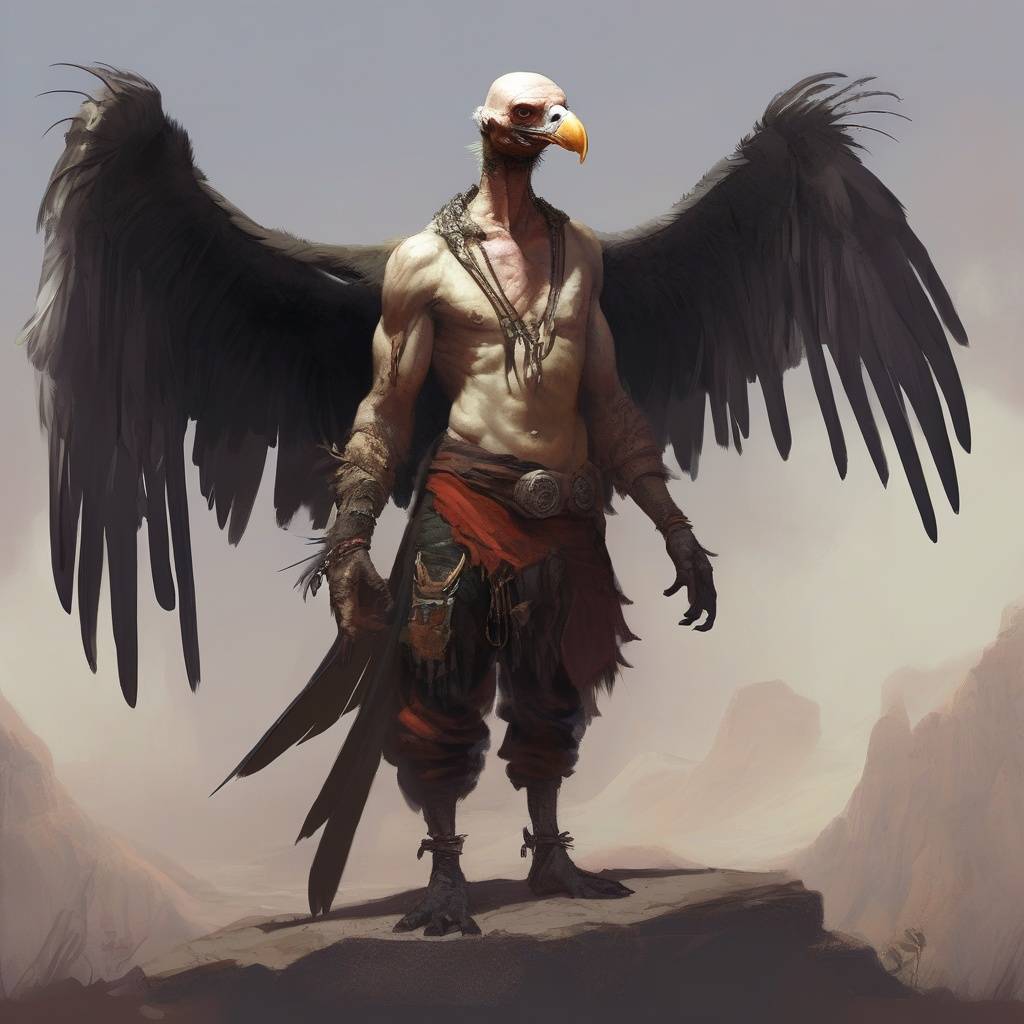 Keselyű-ember az Ismeretlen Földek szavannáin, szárnyas humanoid lény csőrrel és sötét tollazattal, kisebb csoportokban élő megfigyelő faj.