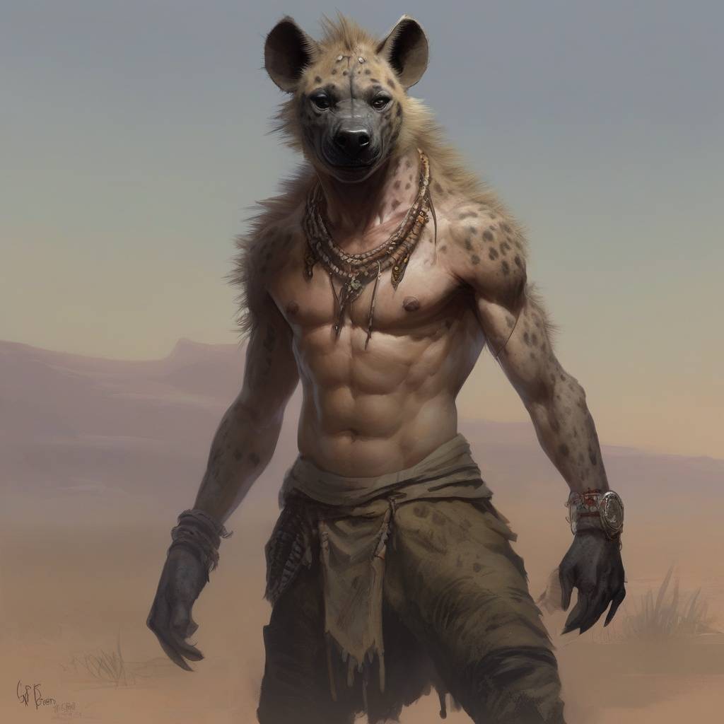 „Hiéna-ember harcos az Ismeretlen Földek szavannáiról – izmos humanoid lény hiénaszerű arccal, törzsi közösségekben élő ragadozó faj”