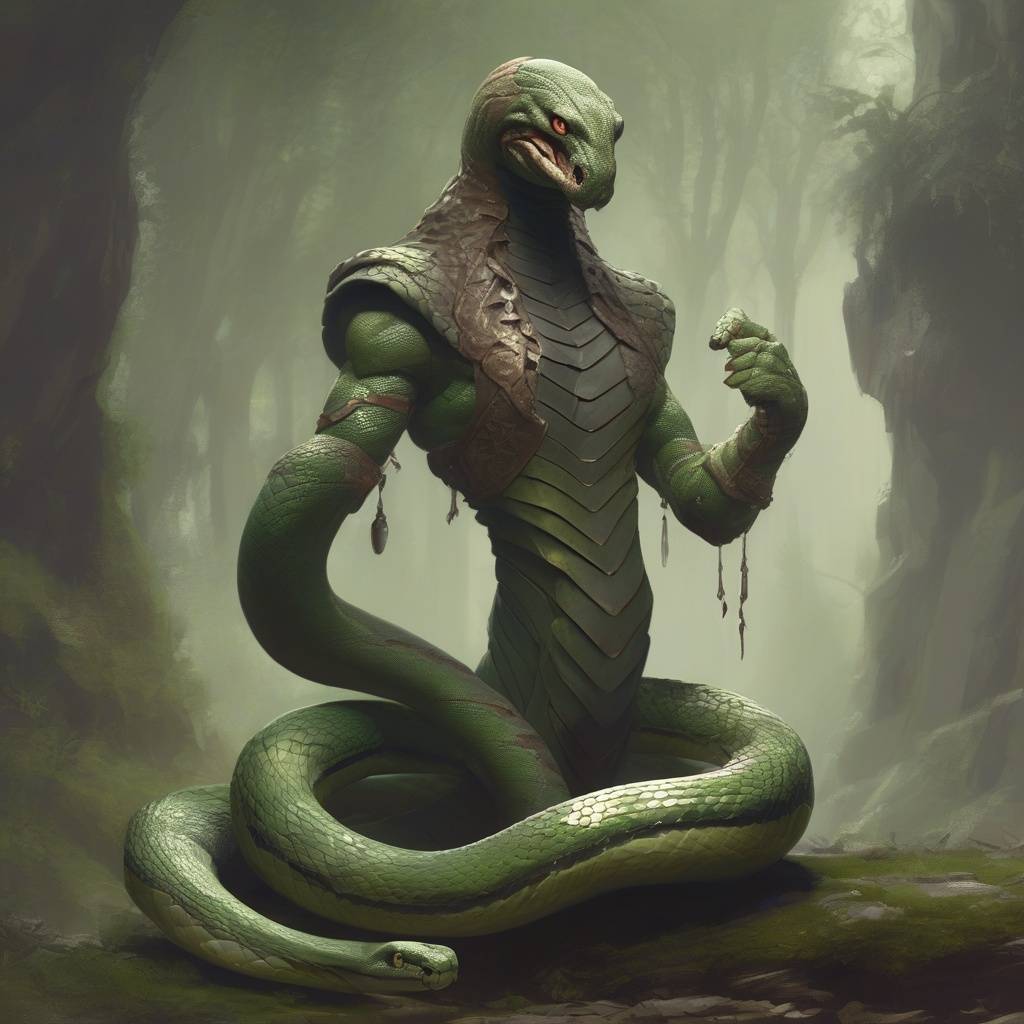 „Kígyó-ember az Ismeretlen Földek dzsungeleiből – pikkelyes humanoid lény kígyótesttel és páncélzattal, magányosan élő vad faj Ykarus világában”