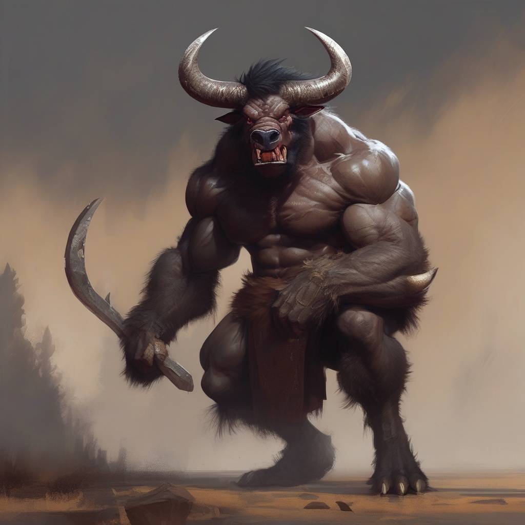 „Bika-ember harcos a Nyugalom Völgyéből – izmos, szarvas humanoid lény törzsi fegyverzettel, a vad fajok egyik legerősebb képviselője Ykarus világában”