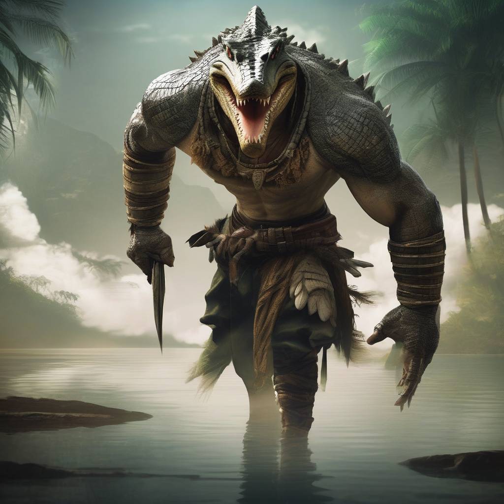 „Krokodil-ember harcos az Ismeretlen Földek mocsaraiból – hüllőszerű humanoid lény erős állkapoccsal és törzsi öltözettel, folyók mentén élő faj”