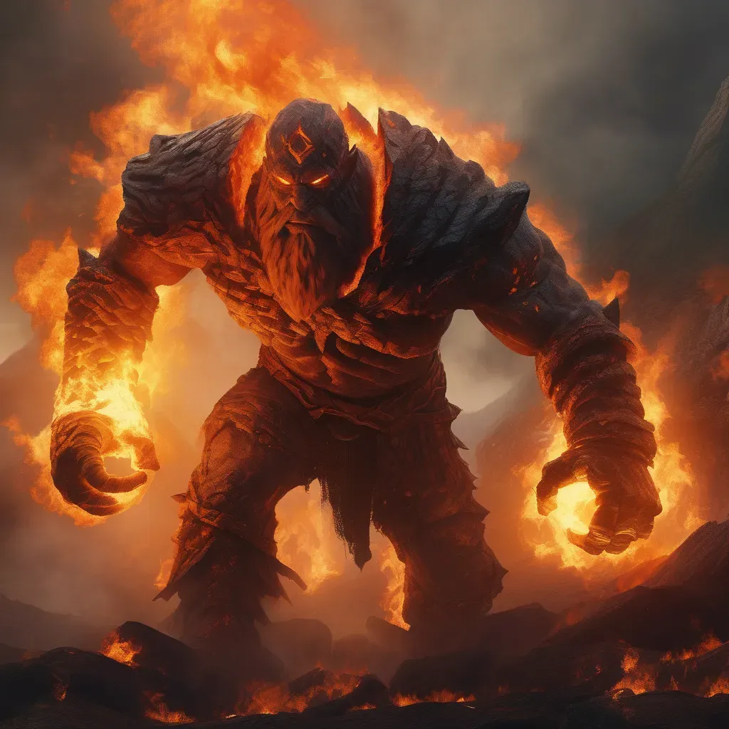 Tűz-óriás Ykarus világában, Whugar vulkánjának közelében élő lángoló testű harcos óriás faj, agresszív természetű fantasy teremtmény