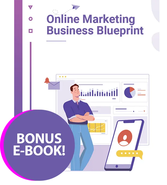 Online Marketing Business Blueprint e-book cover featuring a man with a confident pose, charts and graphs in the background, and a "BONUS E-BOOK!" badge.