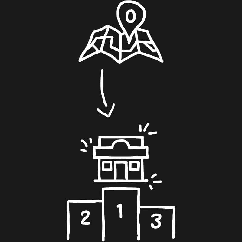 Illustration of a dental clinic standing out on a local map with high reviews, representing Verange’s Local Authority Framework for digital marketing for dentists.