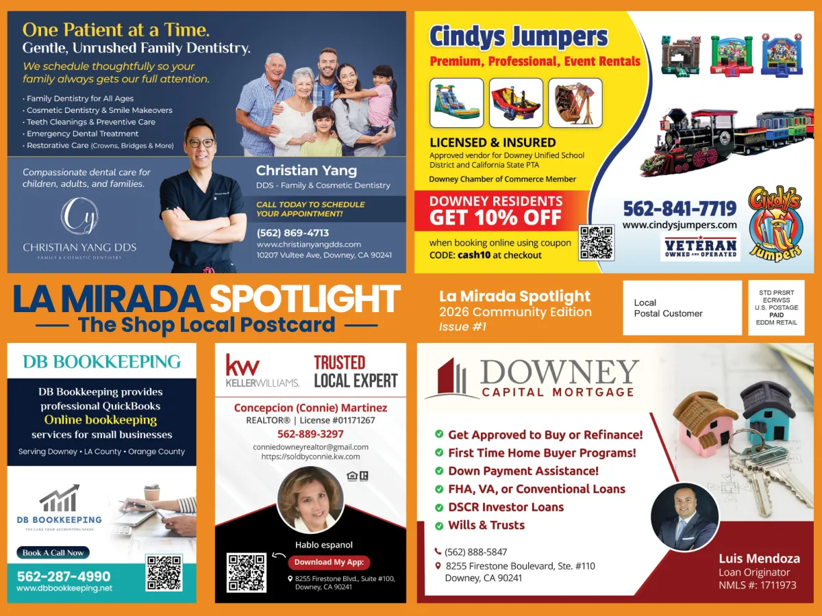 La Mirada Spotlight postcard for local businesses