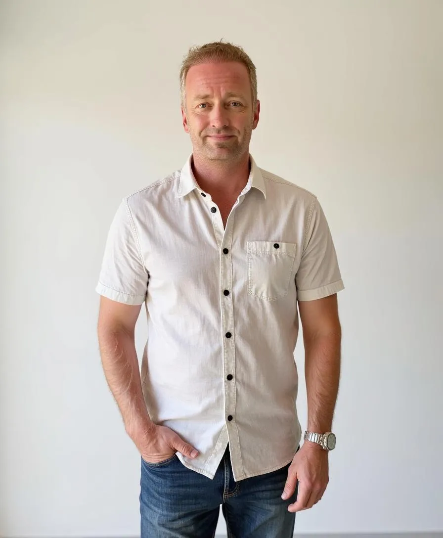 Portrait of Rand Alexander Liljegren on a Los Angeles renovation site wearing a safety vest and hardhat.