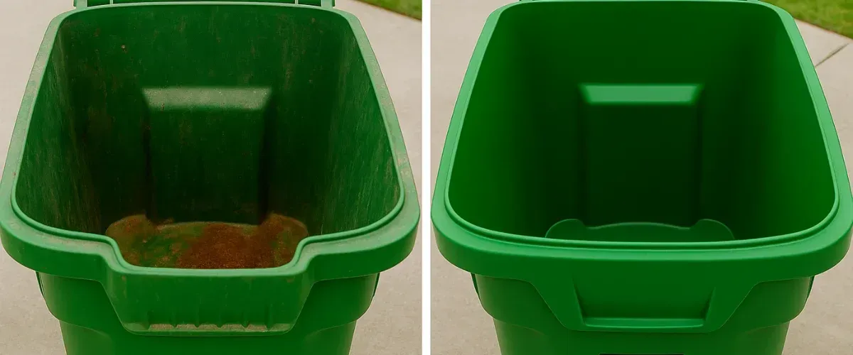 Before and after comparison showing green trash bin cleaned to perfection