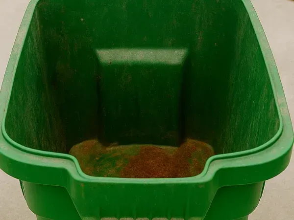 Dirty green trash bin before cleaning with grime and buildup inside