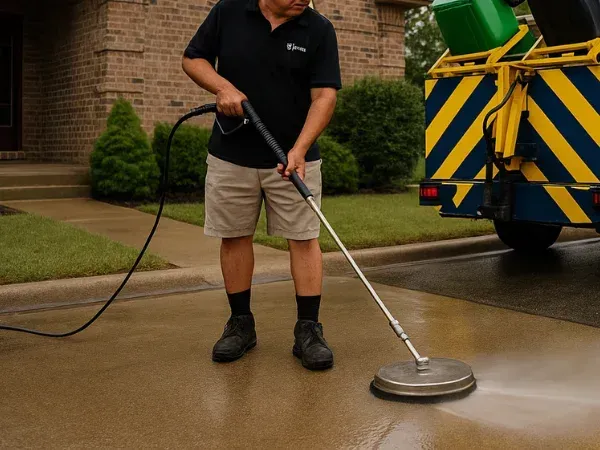 Worker pressure washing a concrete driveway to remove dirt and stains