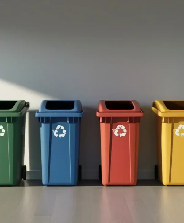 Row of indoor recycling and waste bins for organized waste separation.